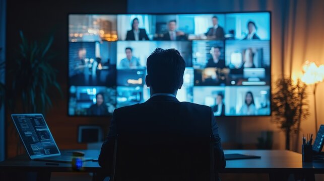 Global Virtual Corporate Meeting: Diverse Employees Engaging in Online Conference via TV Screen in Boardroom