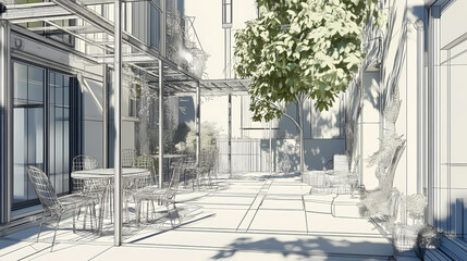 Obraz premium 3D render of building wireframe structure. London garden in summer with patio. Abstract construction graphic idea.