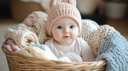Adorable Baby Girl in Knitted Hat Surrounded by Blankets