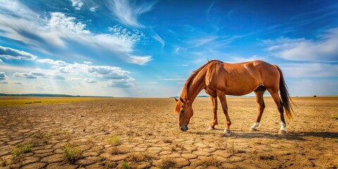 Fototapeta premium Sorrel horse grazing on dry pasture field during summer drought