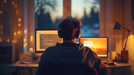 Obraz premium Morning Light Virtual Learning: Male Student Engaged in Online Training Class with Headphones, Taking Notes on Computer - Simplistic Aesthetic Isometric View