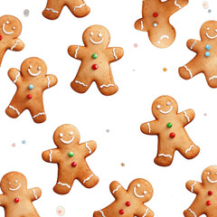 Pattern of smiling gingerbread cookies on transparent background for Christmas