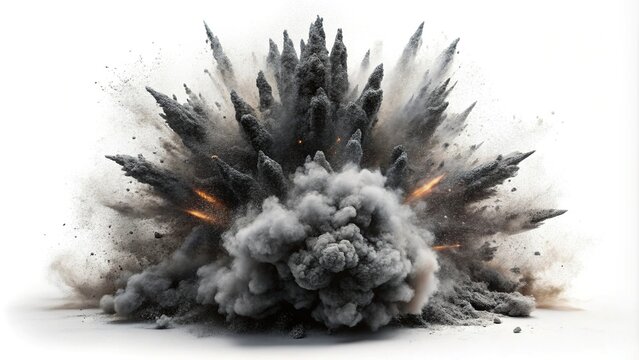 Symmetrical exploding black rock with dust isolated on white background