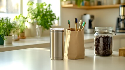 Eco Friendly Kitchen with Stainless Steel Container and Bamboo Toothbrushes in a Sunlit Modern Setting : Generative AI