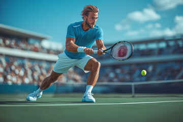 A male tennis player in a blue T-shirt and white shorts, wearing sneakers with laces is playing on the green court of a stadium full of spectators.