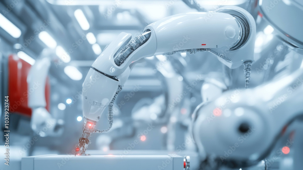 Aufkleber futuristic robotic arm is seen performing maintenance tasks in high tech environment, showcasing advanced technology and precision. scene conveys sense of innovation and efficiency