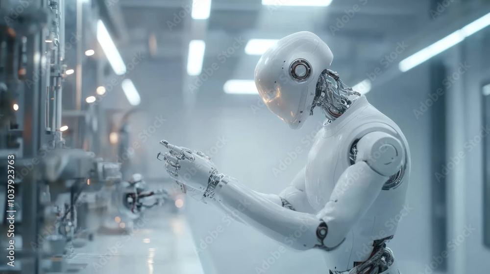 Fototapete futuristic maintenance robot is seen working in high tech environment, showcasing advanced technology and precision. robots design emphasizes sleek lines and modern aesthetic, reflecting