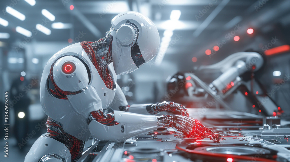 Aufkleber futuristic AI robot is seen working diligently at high tech control panel, showcasing advanced technology and intricate design. scene evokes sense of innovation and precision