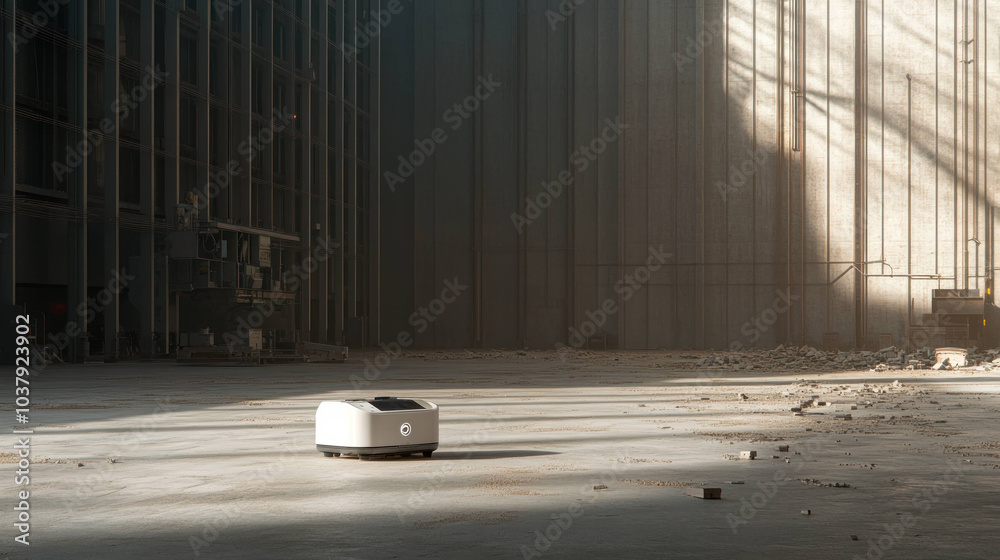 Poster maintenance robot surveys remnants of construction site, surrounded by shadows and light. its presen