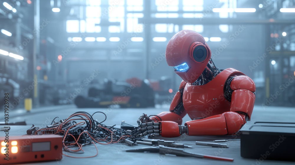 Poster red robot is focused on repairing wires in futuristic factory setting, surrounded by tools and machi