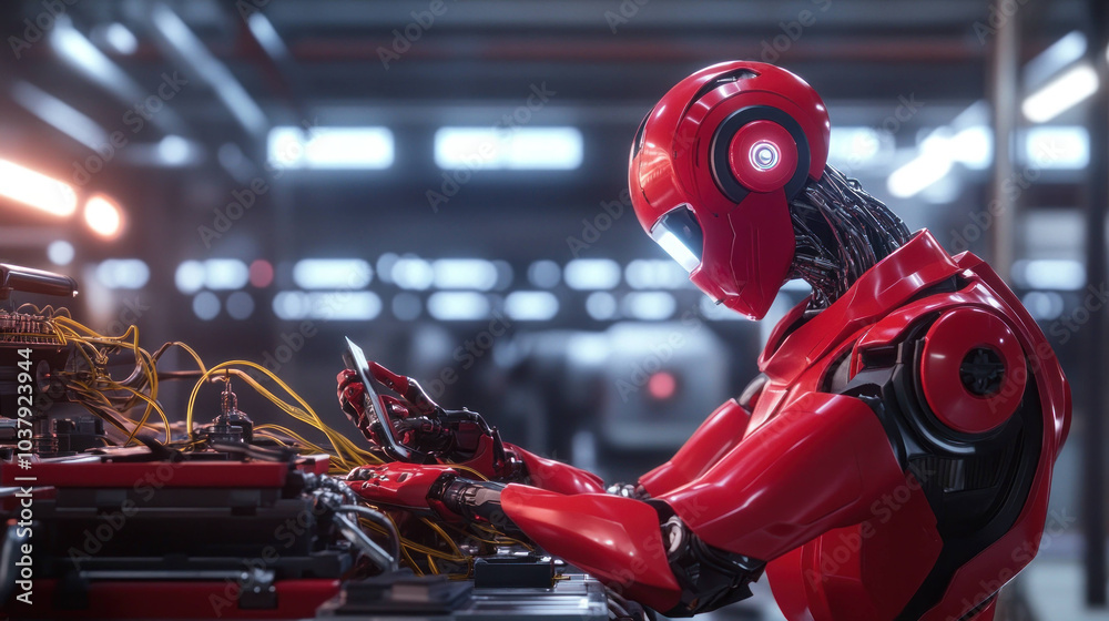 Poster futuristic red robot is focused on repairing electronic equipment in high tech workshop, showcasing 