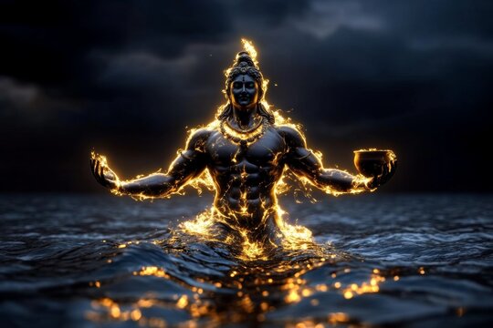 Lord Dhanvantari emerging from the ocean during Samudra Manthan, holding a pot of nectar, surrounded by divine light
