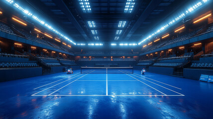 Fototapeta premium A blue tennis court inside an empty stadium with no people,