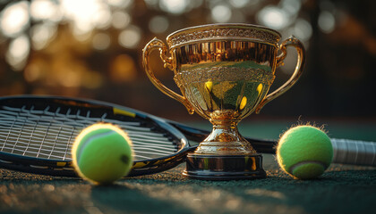 A golden trophy and tennis racket on a green court background