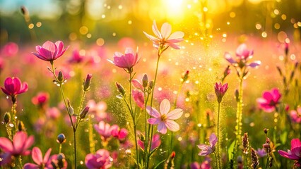 Fototapeta premium Golden Hour Bloom Delicate Pink Flowers in a Sun-Kissed Field, Dusted with a Soft, Golden Light