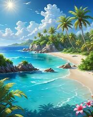 An exotic island paradise with clear blue water, sandy white beaches, swaying palm trees, vibrant tropical flowers, and a clear blue sky, fantasy art 