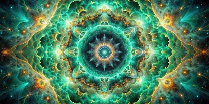 Symmetrical jade ferrofluid nebula with cosmic luminescence