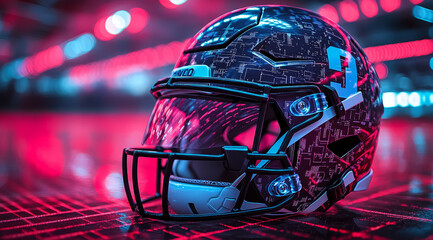 an American football helmet with numbers and symbols, set against the backdrop of digital grid lines representing field lines or data points