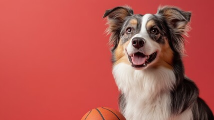 Fototapeta premium Cheerful Australian Shepherd with a Basketball