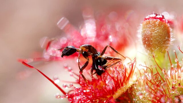 Ant are fighting for life on the Drosera tokaiensis plant in the garden.