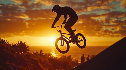 BMX Rider Silhouette Performing Tailwhip at Sunset