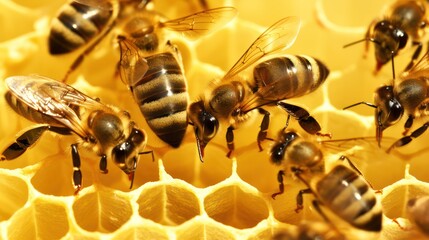 A group of bees are gathered around a yellow honeycomb