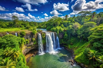 tropical waterfall cascading with clear blue sky and white clouds from a high angle view