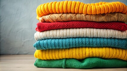 A colorful stack of knit sweaters, showcasing a spectrum of hues, each folded meticulously, revealing the intricate weave of the fabric.