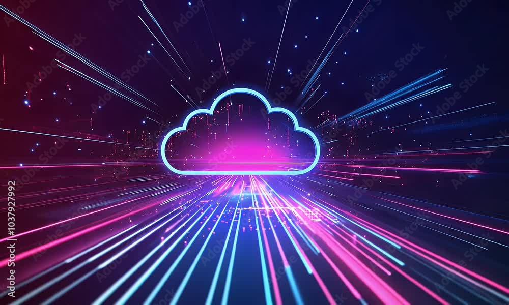 Poster a futuristic cloud technology background with glowing neon lines and an abstract symbol of the inter