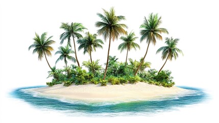 Fototapeta premium A tropical island with palm trees and white sandy beaches, exotic paradise, photorealistic style, vibrant greens and blues, isolated on white background 
