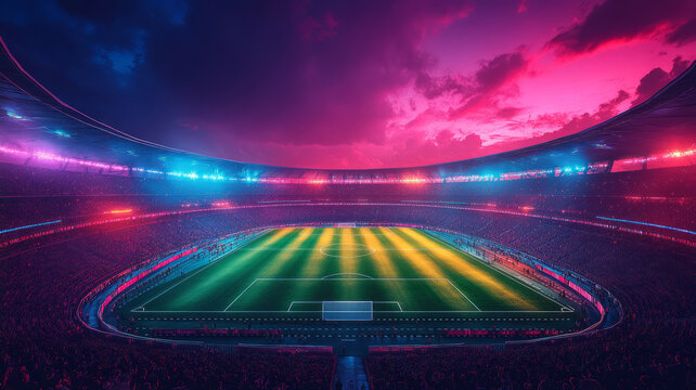 minimal, neon vector illustration of football stadium championship in Qatar.