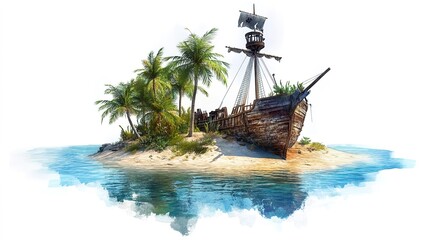 A deserted island with an old pirate shipwreck, adventure theme, digital painting, rustic colors, isolated on white background 