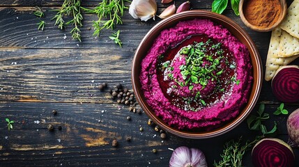 Roasted beetroot hummus in a ceramic bowl, surrounded by herbs and spices, on a wooden background