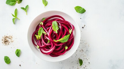 Spiralized beetroot noodles with tahini dressing, isolated on a minimal white background with fresh mint leaves