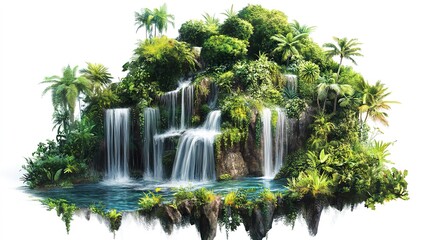 Naklejka premium A dense jungle island with hidden waterfalls, adventure setting, photorealistic style, vibrant greens, isolated on white background 