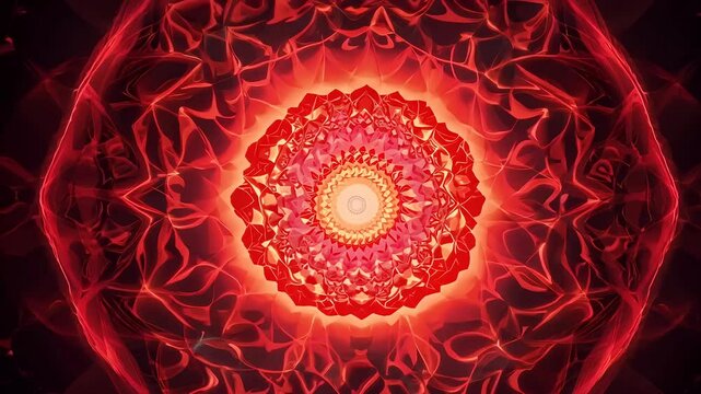 3D animation focused 4K psychedelic loop designed meditation spiritual aling featuring glowing red patterns that create entrancing abstract visual three dimensional ancient art