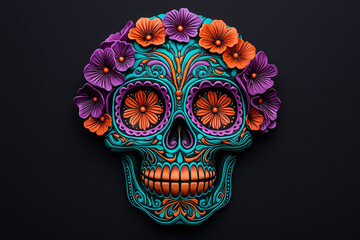 Naklejka premium Colorful sugar skull with vibrant flowers and intricate designs