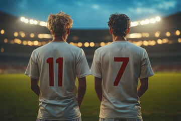 Fototapeta premium Back view of two Japanese high school soccer players, white shirts, white shorts