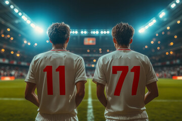 Fototapeta premium Back view of two Japanese high school soccer players, white shirts, white shorts