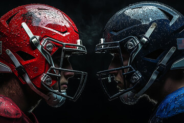 Two American football players facing each other with challenging attitude on dark background