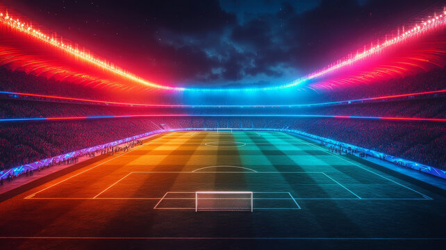 minimal, neon vector illustration of football stadium championship in Qatar.
