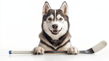 Happy Husky Playing with Hockey Stick on Ice
