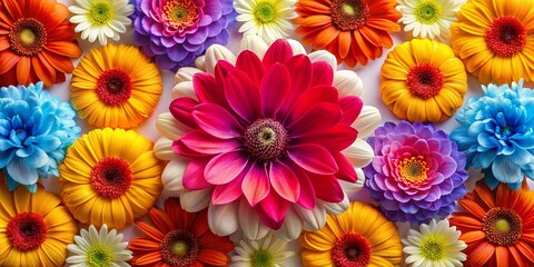 A vibrant arrangement of blooming flowers, showcasing a spectrum of colors including red, orange, yellow, blue, white, and purple, creating a captivating display of natural beauty.