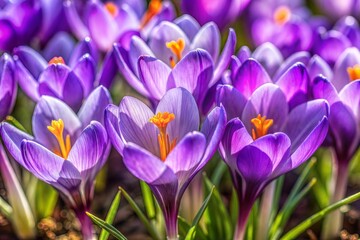 Purple crocuses in bloom field close-up