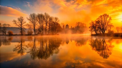 Fototapeta premium Silhouettes of trees reflected in a still, mist-filled lake at sunrise, casting long shadows on the water, illuminated by the vibrant hues of the sky.