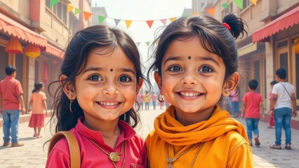 Bal Diwas. Funny Indian children in close-up in traditional outfits against  background of the streets of the decorated city during the Children's Day celebration festival. Holiday banner. Copy space.