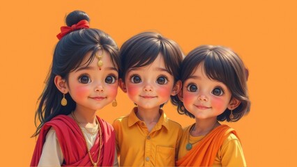 Happy Bal Diwas greeting card.  Children's Day in India. Cute children on yellow pastel background. Holiday banner. Copy space.