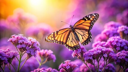 A vibrant butterfly with orange and black wings delicately rests atop a cluster of soft purple flowers in a field bathed in warm sunlight.
