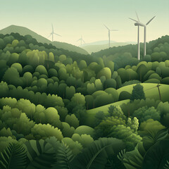 Obraz premium Green Forest Landscape with Wind Turbines and Rolling Hills