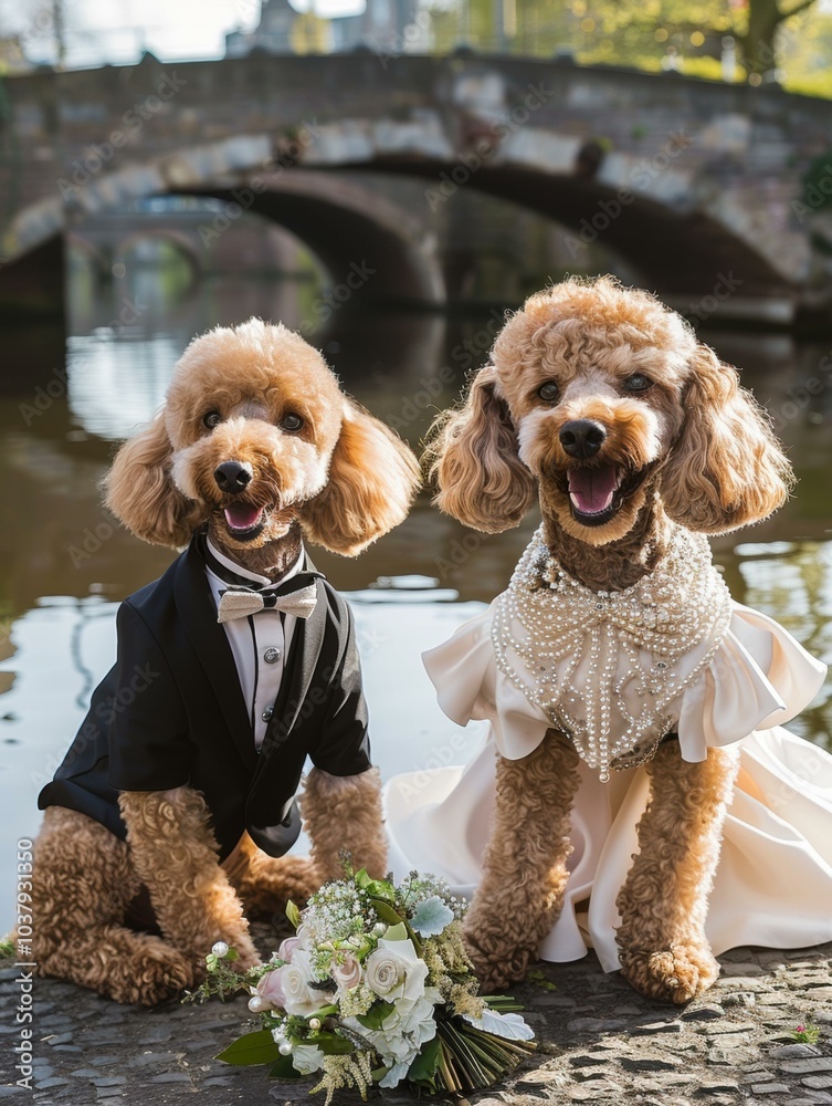 Canvas Prints Two dogs dressed in wedding attire. AI.